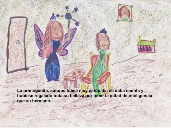 Dos princesas, una con alas y copete, otra sentada. La de alas, riquete el del copete, parece más feliz.