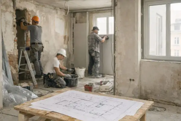 Operai al lavoro in un cantiere, un esempio pratico di ristrutturazione edilizia. Progetti sul tavolo.