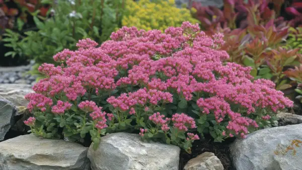 Ein Teppich aus rosa Blüten, typisch für Fetthenne Arten, wächst zwischen grauen Steinen.