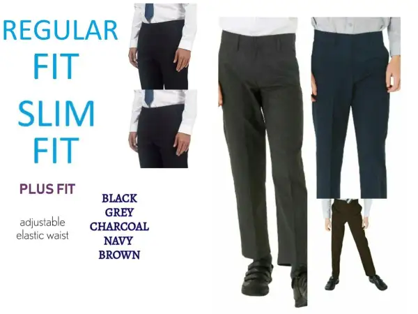 Zdjęcie przedstawia różne kroje i kolory spodni chłopięcych: regular fit, slim fit, plus fit, w kolorach czarnym, szarym, grafitowym, granatowym i brązowym.
