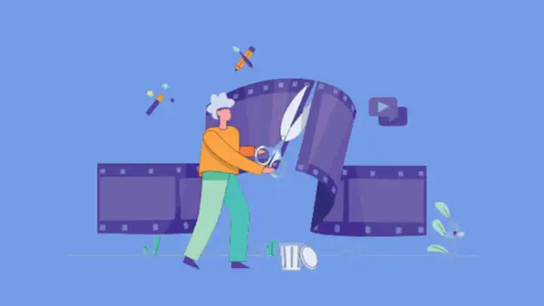 En person klipper i en filmremsa med sax. Symboler för magi och kreativitet antyder gratis videoredigering.