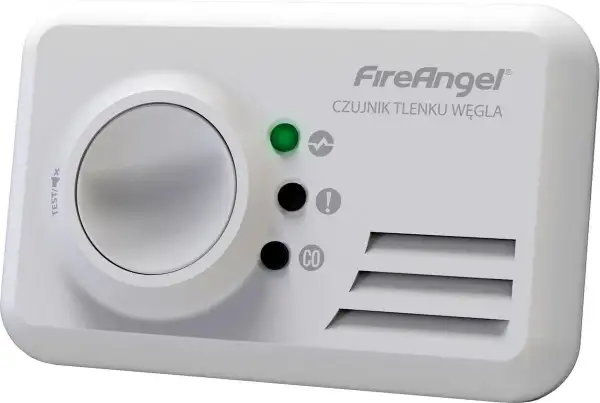 Biały czujnik tlenku węgla FireAngel SCB10-INT z dużym przyciskiem testowym i wskaźnikami LED.