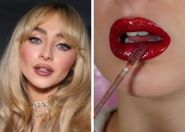 Maquillage yeux Noël facile : paillettes scintillantes sur les paupières et lèvres rouges brillantes pour un look festif.