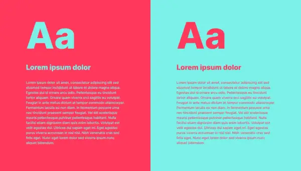 Letras para cartel con tipografía "Aa" y texto "Lorem ipsum dolor" sobre fondos rosa y turquesa.