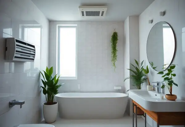 Bagno moderno con vasca, piante e un sistema di aerazione bagno cieco a parete per un ambiente sempre fresco.