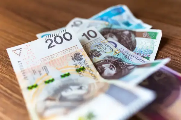 Stos banknotów, w tym 200 i 10 złotych, leży na drewnianym blacie. To skróty na pasku wypłaty.