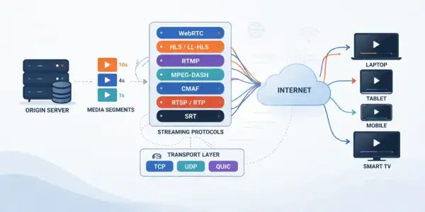 Diagram shows an origin server sending media segments via various streaming protocols like RTSP/RTP, then the internet to devices like laptops and smart TVs.