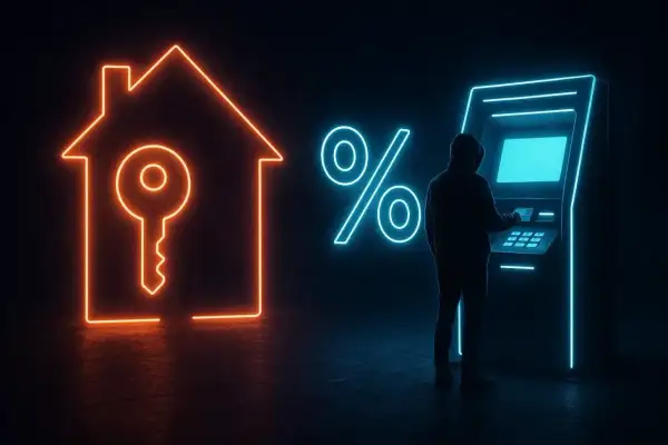 En person vid en bankomat, med symboler för hus, nyckel och procent. Frågan om man kan låna till kontantinsats är central.