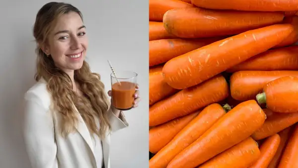 Frau mit Karottensaft und ein Haufen Karotten. Sie genießt jeden Tag eine Karotte für ihre Gesundheit.