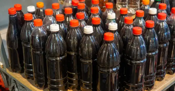 Butelki z ciemnym płynem, być może domowym winem cannonau, stoją obok siebie na półce.