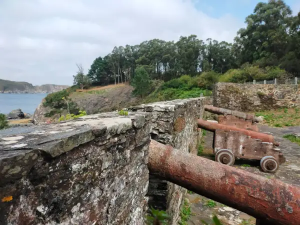 Antiguos cañones apuntan al mar desde el **castillo de la Concepción Cedeira**, rodeado de vegetación y con vistas a la costa.