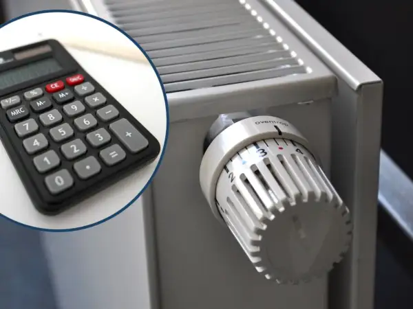 Kalkulator obok termostatu grzejnikowego. Obliczanie, ile żeberko aluminiowe na ile m2 jest potrzebne do ogrzania pomieszczenia.