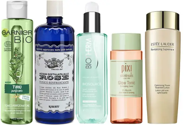 Cinque flaconi di tonico per il viso: Garnier, Roberts, Biotherm, Pixi e Estée Lauder. Cos'è il tonico? Un passo essenziale per una pelle radiosa.
