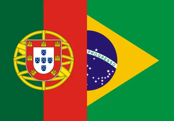 Flagi Portugalii i Brazylii. W Brazylii mówi się po portugalsku, języku pochodzącym z Portugalii.