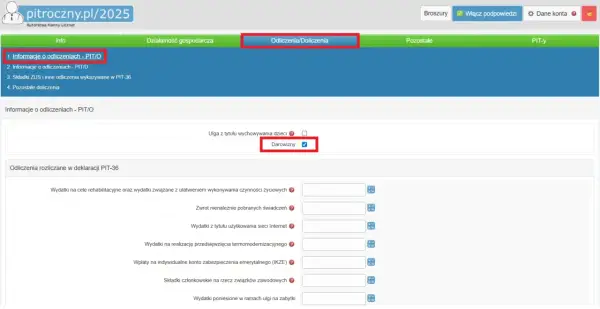 Formularz PIT-36, sekcja "Odliczenia/Doliczenia". Zaznaczona opcja "Darowizny" jako darowizna na cele kultu religijnego.