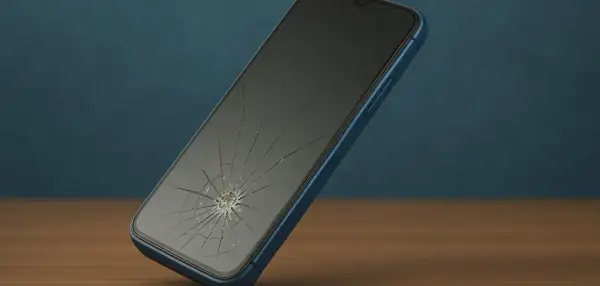 Telefon z pękniętym ekranem, mimo zastosowania folii hydrożelowej, po upadku.