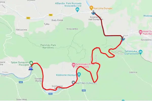 Mapa pokazuje trasę spływu Dunajcem, zaznaczoną na czerwono. Widoczny jest punkt, gdzie zaczyna się spływ Dunajcem, w okolicach Sromowiec Niżnych.
