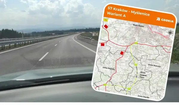 Droga S7 Kraków - Myślenice, wariant A, z mapą przebiegu trasy i widokiem na pustą autostradę.