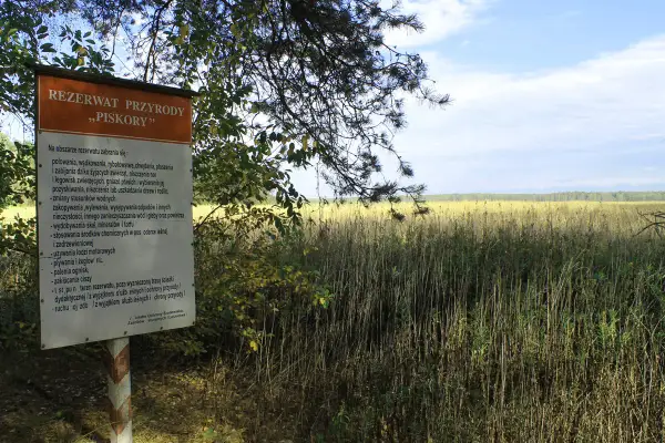 Tablica informacyjna w rezerwacie przyrody Piskory. Za nią rozciąga się rozległe, trawiaste pole pod błękitnym niebem.