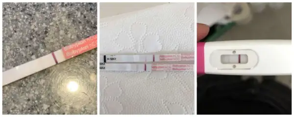 Tre graviditetstest visar ett svagt positivt resultat. En svag rosa linje syns på alla tre testen.
