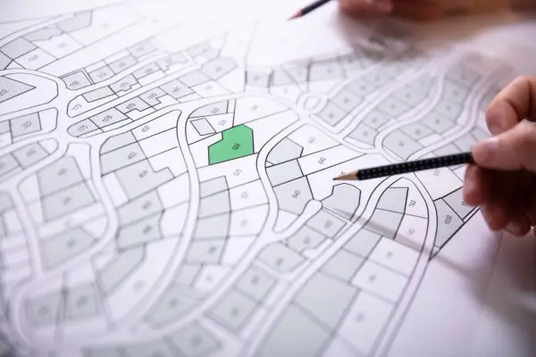 Des parcelles sont dessinées sur des matrices cadastrales, une est mise en évidence en vert. Des mains tiennent des crayons pour étudier le plan.