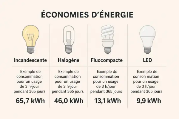 Comparaison de la consommation d'énergie des ampoules : halogène (46 kWh) vs LED (9,9 kWh) et autres. Les avantages et inconvénients sont illustrés.