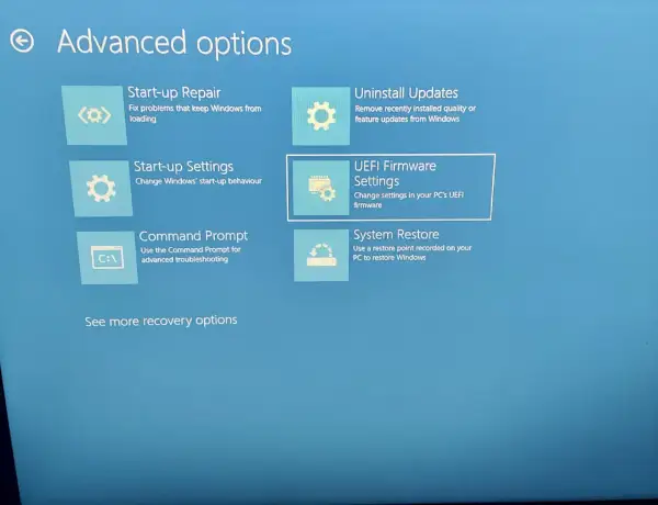 Ekran zaawansowanych opcji odzyskiwania systemu Windows. Widoczne opcje to: Naprawa systemu, Odinstaluj aktualizacje, Ustawienia uruchamiania, Ustawienia oprogramowania układowego UEFI (BIOS), Wiersz polecenia i Przywracanie systemu.