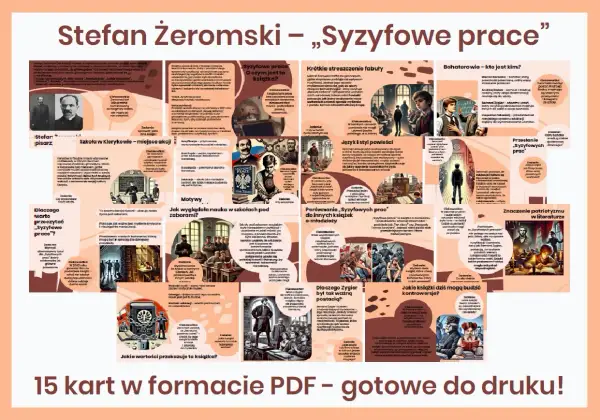 Stefan Żeromski – „Syzyfowe prace" – streszczenie. Grafika przedstawia kluczowe elementy powieści, od postaci po motywy i przesłanie.