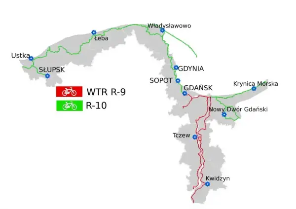 Mapa tras rowerowych WTR R-9 (czerwona) i R-10 (zielona) wzdłuż wybrzeża i w głąb lądu, łącząca miasta takie jak Ustka, Gdańsk, Krynica Morska i Kwidzyn.