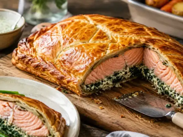 Un délicieux saumon en croûte doré, garni d'épinards crémeux, est coupé pour révéler sa chair rose tendre. Une part est servie sur une assiette.