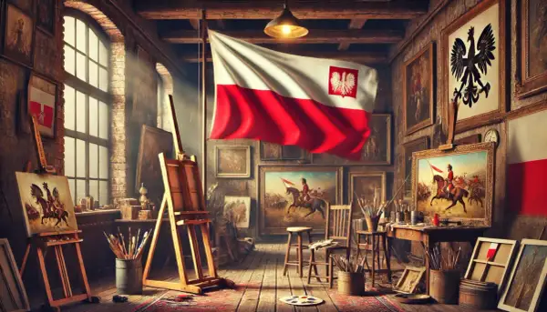Pracownia artystyczna pełna obrazów z epoki, z polską flagą i orłem. Sztuka 20 lecia międzywojennego w pełnej krasie.