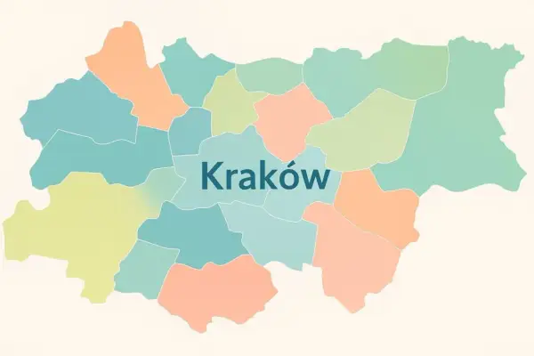 Mapa Krakowa z zaznaczonymi kolorowymi dzielnicami.