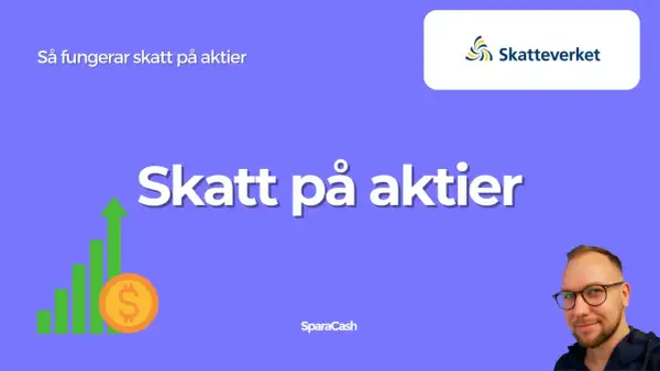 Grafisk illustration som visar en stigande stapelgraf med en dollar-symbol, samt texten "Skatt på aktier". Skatteverkets logotyp syns också.