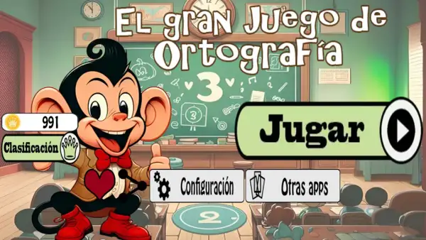 Mono sonriente en un aula, listo para jugar "El gran Juego de Ortografía". Botón "Jugar" y opciones de configuración.