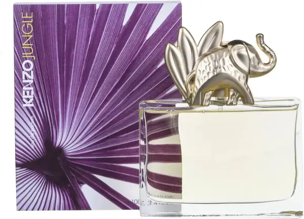 Perfumy Kenzo Jungle EDP w szklanym flakonie ze złotym słoniem i liściem palmowym na opakowaniu.