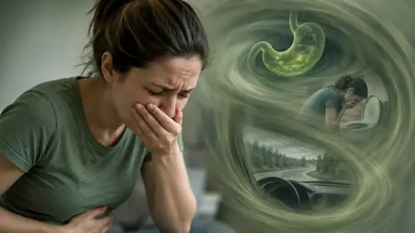Donna soffre di bruciore di stomaco e nausea. Immagini di uno stomaco, vomito e guida suggeriscono reflusso e la ricerca di rimedi rapidi.
