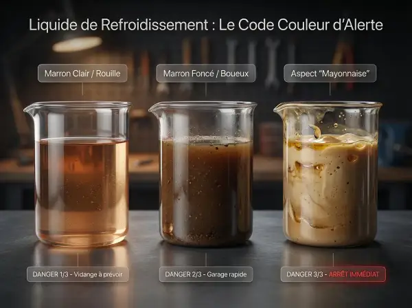 Trois béchers montrent l'évolution du liquide de refroidissement : clair, marron foncé, puis aspect "mayonnaise". Un liquide de refroidissement marron foncé indique un danger.