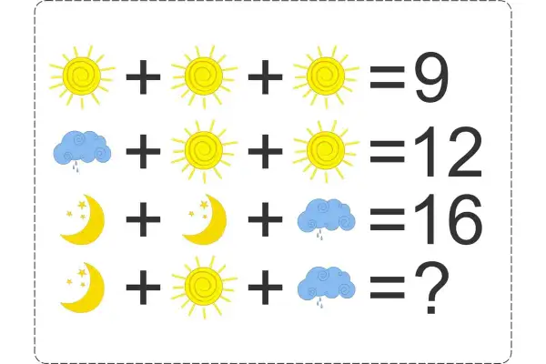 Matematyczne łamigłówki z słońcem, chmurką i księżycem dla dzieci.