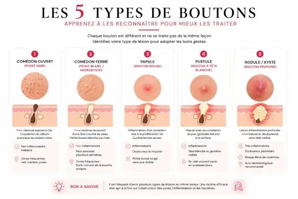 Infographie expliquant les 5 types de bouton visage : comédon, papule, pustule, nodule/kyste. Chaque type est illustré et décrit.