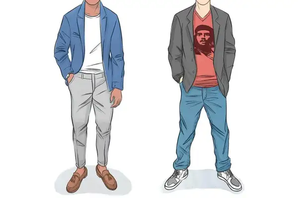 Två män visar upp stilar med t-shirt under kavaj. Den ena bär en blå kavaj med vit t-shirt och grå byxor, den andra en grå kavaj med röd t-shirt och jeans.
