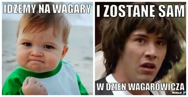 Dziecko z zaciśniętą pięścią cieszy się, że idzie na wagary, podczas gdy Keanu Reeves wygląda na zagubionego, bo zostanie sam.