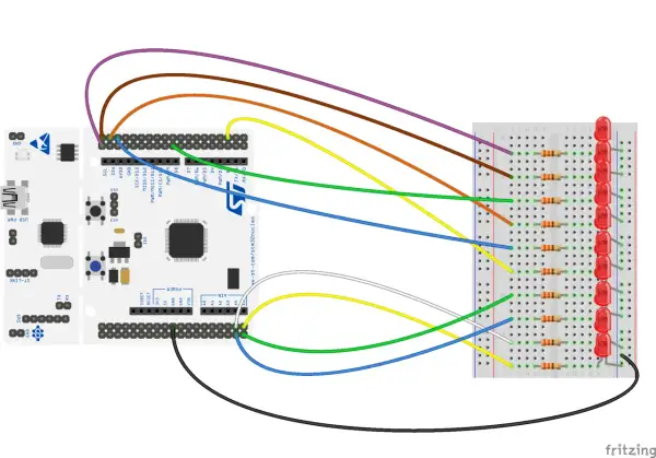 Połączenie mikrokontrolera STM32 z płytką stykową i diodami LED za pomocą przewodów. Widać tu wykorzystanie pinów GPIO do sterowania diodami.