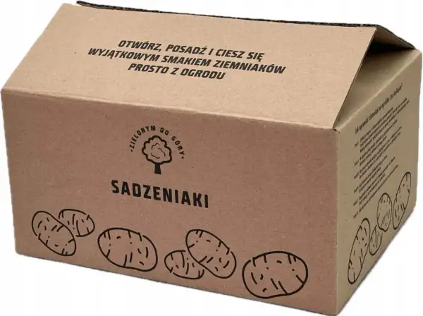 Pudełko z ziemniakami sadzeniakami. Napis "Otwórz, posadź i ciesz się wyjątkowym smakiem ziemniaków prosto z ogrodu". Z pewnością ziemniaki Corinna opinie będą pozytywne!