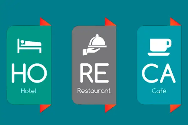El sector HORECA (Hoteles, Restaurantes, Cafeterías) se representa con iconos: cama, plato servido y taza de café.