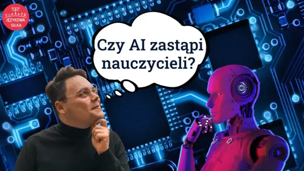 Mężczyzna zamyślony nad pytaniem, czy AI zastąpi nauczycieli, obok niego robot. W tle obwody drukowane. Talkpal.
