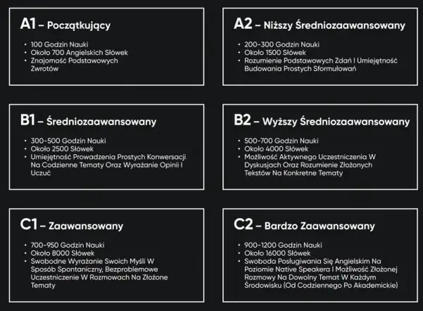 Poziomy biegłości językowej: od A1 (początkujący) do C2 (bardzo zaawansowany), z opisem godzin nauki, słownictwa i umiejętności, np. dla B2 (wyższy średniozaawansowany) - 500-700h, 4000 słów.