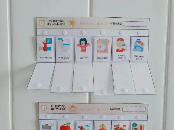 Fichas para niños de 4 años: "Mi Rutina de Mañana" con imágenes para despertar, ir al baño, vestirse, desayunar, lavarse los dientes y preparar la bolsa.