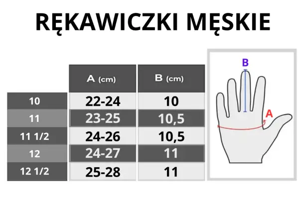 Tabela rozmiarów rękawiczek męskich z pomiarem obwodu dłoni (A) i długości palca środkowego (B).
