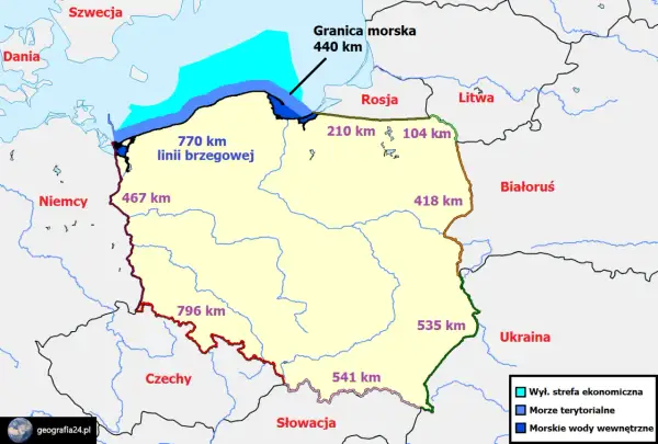 Mapa Polski z zaznaczonymi granicami. Polska ma 770 km linii brzegowej, a jej granica morska to 440 km.