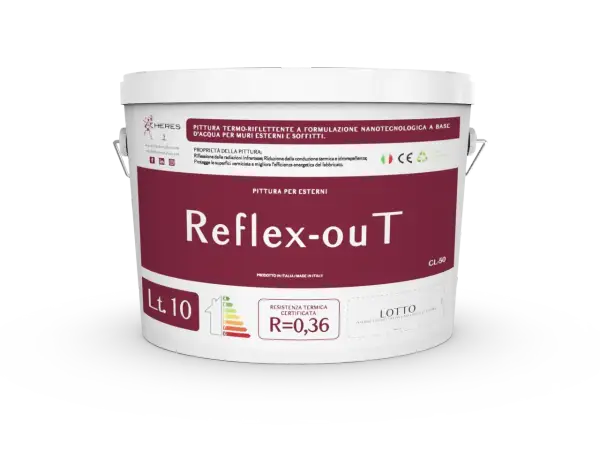 Secchio di pittura per esterni "Reflex-out" di Heres. È una pittura termo-riflettente nanotecnologica, un additivo che migliora l'efficienza energetica.